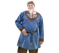 Battle-Merchant - Wikinger Tunika Esben aus Wolle, Mittelalter Hemd für Herren mit Stickerei, Langarm, Blau/Braun - Reenactment & LARP (DE/NL/SE/PL, Alphanumerisch, XXL, Regular, Regular, Blau/Braun)