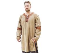 Battle-Merchant - Wikinger Tunika Sigval Materialmix im Used-Look - Mittelalter Kleidung Herren, Hemd lang - (DE/NL/SE/PL, Alphanumerisch, M, Regular, Regular, Beigebraun)