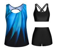Battnot 3-teiliger Tankini Damen Bauchweg Bademode Set Tank Top mit Push-up-Bikinioberteil und High Waist Badeshorts Boho Einfache Badebekleidung Sport-Badeanzug Tankini Sets für Damen