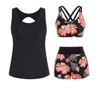 Battnot 3-teiliger Tankini Damen Bauchweg Set Push Up Bademode Zweiteiler Schwimmanzug Oberteil mit Badeshorts Hoher Taille Strandmode Badeanzüge Freizeit Sport Badebekleidung Bikini Set Badeanzug