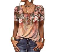 Battnot Blusen & Tuniken für Damen Blumen Bluse Kurzarm V-Ausschnitt Hemdbluse Sommer Shirts Bedrucken Knopfleiste Tunika Tops Oversize Locker Oberteil Longshirt Damen Mit Print Tshirt