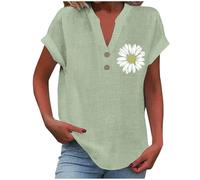 Battnot Blusen Tuniken für Damen Leinen Bluse Basic V-Ausschnitt Kurzarm T-Shirt Lässiges Musselin Oberteile Button Down Bequemes Sexy Modisch Licht Hemdbluse Tunika Top Leinenbluse Leinenhemd