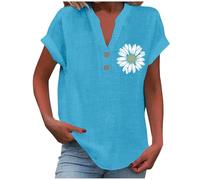 Battnot Blusen Tuniken für Damen Leinen Bluse Basic V-Ausschnitt Kurzarm T-Shirt Lässiges Musselin Oberteile Button Down Bequemes Sexy Modisch Licht Hemdbluse Tunika Top Leinenbluse Leinenhemd