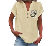 Battnot Blusen Tuniken für Damen Leinen Bluse Basic V-Ausschnitt Kurzarm T-Shirt Lässiges Musselin Oberteile Button Down Bequemes Sexy Modisch Licht Hemdbluse Tunika Top Leinenbluse Leinenhemd