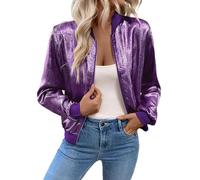Battnot Damen Glitzer Jacke Bomberjacke Pailletten Bomber Jacke Langarm Party Club Metallic Sequin Jacken Bomberjacke Damen Kurze Blouson Jacke Casual Pilotenjacke Langarm Outwear Zip Up Sweatjacke