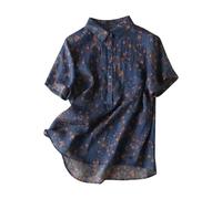 Battnot Damen Leinenbluse Leinen Bluse Damen Sommer Herbst Übergröße Print Tshirts Langarm & Kurzarm Loose Rundhals Oberteile Tops Leinenbluse Damen Bluse Damen Sommer Tunika B#blau XL