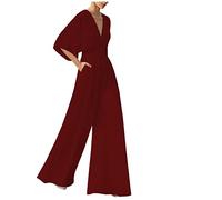 Battnot Jumpsuit Damen Hochzeit Festlich Elegant Jumpsuit Lang Weites Bein Jumpsuits Sommer Jumpsuit Damen Elegant Kurzarm Playsuit V-Ausschnitt Casual Lose Overalls Lang Romper Hosenanzug