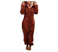 Battnot Jumpsuit Damen Winter Overall Teddy Fleece Einteiler Onesie Warm Elegant Schlafanzug Kuschelig Lang Pyjama Flauschig Weich Hausanzug Reißverschluss Schlafoverall Lässig Homewear mit Kapuze