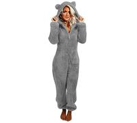 Battnot Jumpsuit Damen Winter Overall Teddy Fleece Einteiler Onesie Warm Elegant Schlafanzug Kuschelig Lang Pyjama Flauschig Weich Hausanzug Reißverschluss Schlafoverall Lässig Homewear mit Kapuze