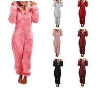 Battnot Jumpsuit Damen Winter Overall Teddy Fleece Einteiler Onesie Warm Elegant Schlafanzug Kuschelig Lang Pyjama Flauschig Weich Hausanzug Reißverschluss Schlafoverall Lässig Homewear mit Kapuze