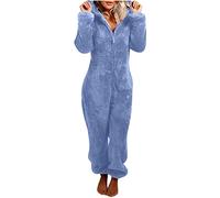 Battnot Jumpsuit Damen Winter Overall Teddy Fleece Einteiler Onesie Warm Elegant Schlafanzug Kuschelig Lang Pyjama Flauschig Weich Hausanzug Reißverschluss Schlafoverall Lässig Homewear mit Kapuze