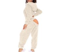 Battnot Jumpsuit für Damen Teddy Fleece Einteiler Kuschelig Schlafanzug mit Kapuzen Langärmelig mit Reißverschluss Winter Frauen Onesie Pyjama Weich Ganzkörperanzug Lang Hausanzug Schlafoverall