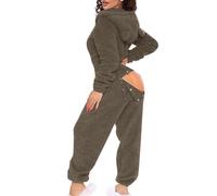 Battnot Jumpsuit für Damen Teddy Fleece Einteiler Kuschelig Schlafanzug mit Kapuzen Langärmelig mit Reißverschluss Winter Frauen Onesie Pyjama Weich Ganzkörperanzug Lang Hausanzug Schlafoverall