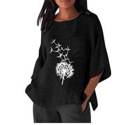 Battnot Leinenbluse Damen Sommer T-Shirt Damen Casual 3/4 Ärmel Bluse Tops Locker Elegant Oberteile Lässige Sport Tunika Longshirt Mode Rundhals Sommershirt Baumwolle Leicht Blusenshirt B#schwarz L