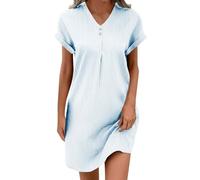 Battnot Musselin Kleid Damen Angebote- V-Ausschnitt, Kurzarm - Leichtes Sommerkleid aus Leinen - Boho-Stil, Perfekt für Strand Leichte Blusenkleid Einfarbig Freizeitkleid Urlaub Hemdkleid