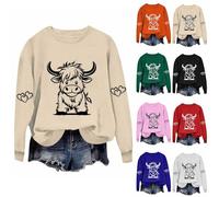 Battnot Pullover Damen Sweatshirt Highland Cow Drucken Shirt Langarm Rundhals Pulli Herbst Winter Frauen Baumwolle Sweater Locker Casual Oberteil Sport Streetwear Sweatshirts ohne Kapuze Bluse Tops