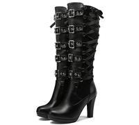 Battnot Stiefeletten Damen Halbstiefel Spitze Patchwork Lederstiefel Schnalle Mittelhoher Cowboystiefel High Heels Schnürboots kniehoch Stiefel Freizeit Westernstiefel Frauen Übergangsstiefel Boots