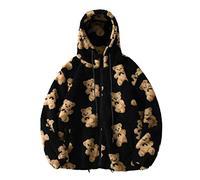 Battnot Winterjacke Damen Langarm Tops Übergroße Sherpa Jacke für Damen Fuzzy Fleece Mantel mit niedlichem Teddybär Print Warme Bluse Reißverschluss Langarm Kapuze Fleecejacke Outwear Plüschjacke