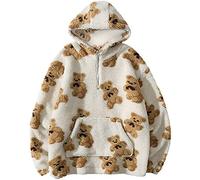 Battnot Winterjacke Damen Langarm Tops Übergroße Sherpa Jacke für Damen Fuzzy Fleece Mantel mit niedlichem Teddybär Print Warme Bluse Reißverschluss Langarm Kapuze Fleecejacke Outwear Plüschjacke