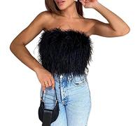 Bauchfreies Damen-Top mit Federn, flauschiges Kunstfell, trägerlos, ärmellos, für Party, Festival, Club, Schwarz #1, X-Large
