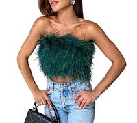 Bauchfreies Damen-Top mit Federn, flauschiges Kunstfell, trägerlos, ärmellos, für Party, Festival, Club, dunkelgrün, Small