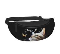 Bauchtasche, Aquarell-Tier-Katze, Schmetterling, Hüfttasche mit Kopfhörerloch, Gürteltasche, verstellbare Schultertasche, modische Hüfttasche für Damen, Herren, Kinder, Outdoor, Freizeit, Reisen,