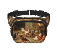 Bauchtasche mit Bauernhof-Hühnern, quadratisch, doppellagig, mit verstellbarem Riemen, Laufen, Reisen, Wandern, Schwarz , Einheitsgröße