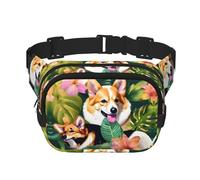 Bauchtasche mit tropischen Blumen und Corgi-Druck, mit verstellbarem Riemen, quadratisch, doppellagig, Unisex, überall