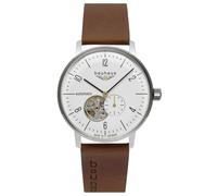 Bauhaus 2068-1 Herren Automatikuhr 41 mm Open Heart Leder Braun | 41 mm Edelstahlgehäuse, weißes Zifferblatt, Open Heart, Sichtboden, Lederarmband, 5 ATM