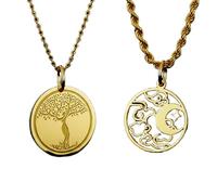 Baum des Lebens & Mondwolken-Anhänger-Halsketten-Set, 2er-Pack, vergoldetes 925er Sterlingsilber, 28 mm runde Münzmedaille, Natur- und Himmelssymbol-Schmuck, Geschenk für Damen und Herren