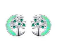 Baum des Lebens Ohrringe 925 Sterling Silber Mond Ohrringe Grün Opal Mond Baum des Lebens Ohrstecker Schmuck Geschenke Mädchen Mama Geburtstag Muttertag, Sterling Silber
