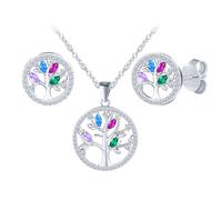 Baum des Lebens Schmuck Set mit Marquise Bunt Zirkonia Silber 925 Round Lebensbaum Ohrringe und Halskette Set für Damen Mädchen Glitzer Stammbaum Silber Schmuck Anhänger Kette Ohrstecker für Mama Frau