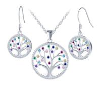 Baum des Lebens Schmuck Set mit Rund Bunt Zirkonia Silber 925 Lebensbaum Ohrringe Hängend und Halskette Set für Damen Glänzend Stammbaum Silber Schmuck Anhänger Kette Ohrhänger für Mama Frau Familien