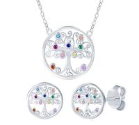Baum des Lebens Schmuck Set mit Rund Bunt Zirkonia Silber 925 Lebensbaum Ohrringe und Halskette Set für Damen Mädchen Glänzend Stammbaum Silber Schmuck Anhänger Kette Ohrstecker für Mama Frau Familien