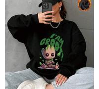 Baumwoll-Damenoberteile, süße Groot-Musteroberteile, schwarze Damen-Sweatshirts mit überschnittenen Schultern, dicker Stoff, warm, Rundhalsausschnitt,