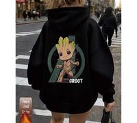 Baumwoll-Damenoberteile, süße Groot-Musteroberteile, schwarze Damen-Sweatshirts mit überschnittenen Schultern, dicker Stoff, warm, lockerer Kapuzenpul