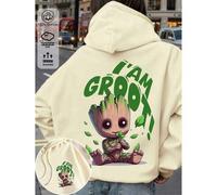 Baumwoll-Damenoberteile, süße Groot-Musteroberteile, schwarze Damen-Sweatshirts mit überschnittenen Schultern, dicker Stoff, warm, lockerer Kapuzenpul