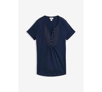 T-Shirt BONPRIX, Damen, Gr. 44/46 (L), blau (dunkelblau), Obermaterial: 100% Baumwolle, Shirts T-Shirt, leicht ausgestellte Passform, Rundhals-Ausschnitt mit Zierknopfleiste (46441817-44) dunkelblau