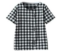 Baumwoll Leinen Bluse Damen Oversized 3/4 Ärmeln Oberteile Lässiges Kariert Muster Tshirt Dreiviertelärmel Pullover mit Rundhals Große Größen Longtops All-Match Shirt Bequem Blusentop Laufshirt