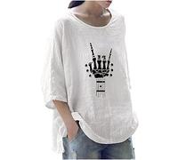Baumwoll Leinen Bluse Damen Übergroße 3/4 Ärmeln Oberteile Lässiges Liebesgeste Druck Tshirt Dreiviertelärmel Pullover mit O-ausschnitt Große Größen Hemdbluse Lose All-Match Bluse Shirt Laufshirt