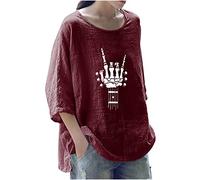 Baumwoll Leinen Bluse Damen Übergroße 3/4 Ärmeln Oberteile Lässiges Liebesgeste Druck Tshirt Dreiviertelärmel Pullover mit O-ausschnitt Große Größen Hemdbluse Lose All-Match Bluse Shirt Laufshirt