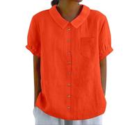 Baumwoll-Leinen-Hemden für Damen, Sommer, kurzärmelig, lässig, mit Kragen, Arbeitsbluse, Tunika, Tops, athletisches Kurzarm-Shirt für Damen, Orange, 3XL