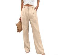 Baumwoll Leinen Hose Damen Loose Fit Sommer(Khaki Color M) | Weiter Beinchnitt, hohe Taille, bauchweg-Effekt, ideal für warme Tage, entspannter Sitz