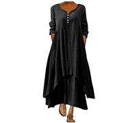 Baumwoll Leinen Kleider für Damen Einfarbiges Skaterkleid in Übergröße 5XL Blusenkleid mit Knöpfen V Ausschnitt A Linie Kleid mit halben Ärmeln und Taschen Knöchellanges Maxi Long Kleid Partykleid