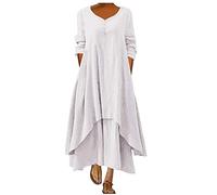 Baumwoll Leinen Kleider für Damen Einfarbiges Skaterkleid in Übergröße 5XL Blusenkleid mit Knöpfen V Ausschnitt A Linie Kleid mit halben Ärmeln und Taschen Knöchellanges Maxi Long Kleid Partykleid