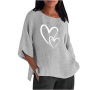 Baumwoll Leinen Longshirt Damen Oversize 3/4 Ärmeln Oberteile Vintage Herz Druck Tshirt Dreiviertelärmel Pullover mit Rundhals Große Größen Longbluse All-Match Tunika Bluse Shirtbluse Sportshirt