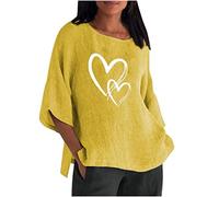 Baumwoll Leinen Longshirt Damen Oversize 3/4 Ärmeln Oberteile Vintage Herz Druck Tshirt Dreiviertelärmel Pullover mit Rundhals Große Größen Longbluse All-Match Tunika Bluse Shirtbluse Sportshirt