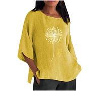 Baumwoll Leinen Longshirt Damen Oversized 3/4 Ärmeln Oberteile Retro Löwenzahn Druck Tshirt Rundhals Dreiviertelärmel Pullover Große Größen Langarmshirt Bequem All-Match Bluseshirt Strandtunika