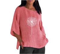 Baumwoll Leinen Longshirt Damen Oversized 3/4 Ärmeln Oberteile Retro Löwenzahn Druck Tshirt Rundhals Dreiviertelärmel Pullover Große Größen Langarmshirt Bequem All-Match Bluseshirt Strandtunika