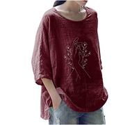 Baumwoll Leinen Longshirt Damen Übergroße Oberteile mit 3/4 Ärmeln Vintage Handbewegung Druck Tshirt Dreiviertelärmel Pullover mit Rundhals Große Größen Longtops All-Match Bluse Shirt Blusentop